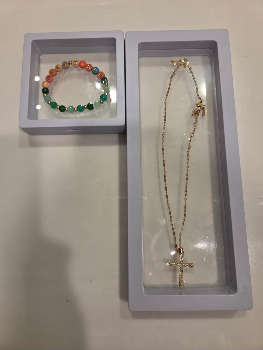 Gold Cross  Necklace with Multicolor  Bracelet Set that says Holly Bible new